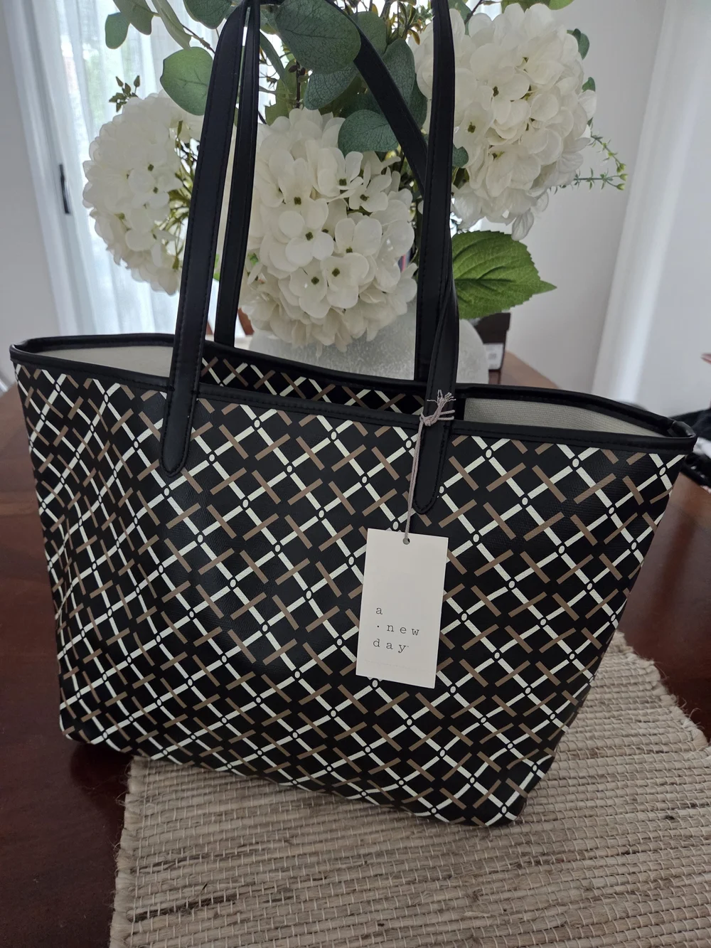 a new day Black Tote with Cream and Tan Geometric Print